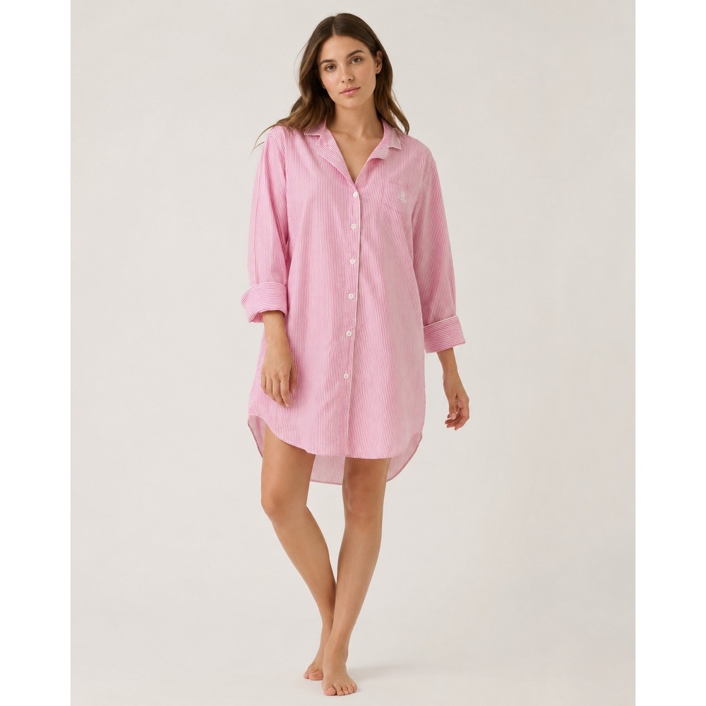 Lauren Ralph Lauren Pink White Striped Button Front Nightshirt Size L